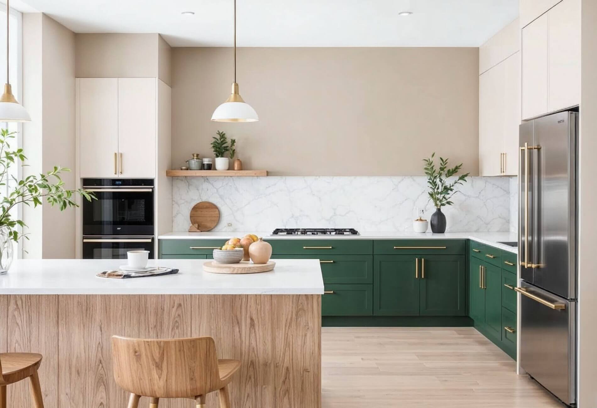 Moderne Wohnküche 2026 mit flexiblem Ansatztisch statt Kücheninsel – helle Holzoptik und natürliche Materialien