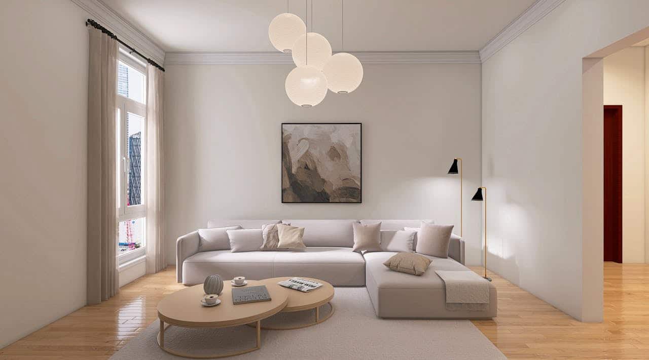 about-us Elegant minimalist living room with neutral colors and modern decor.